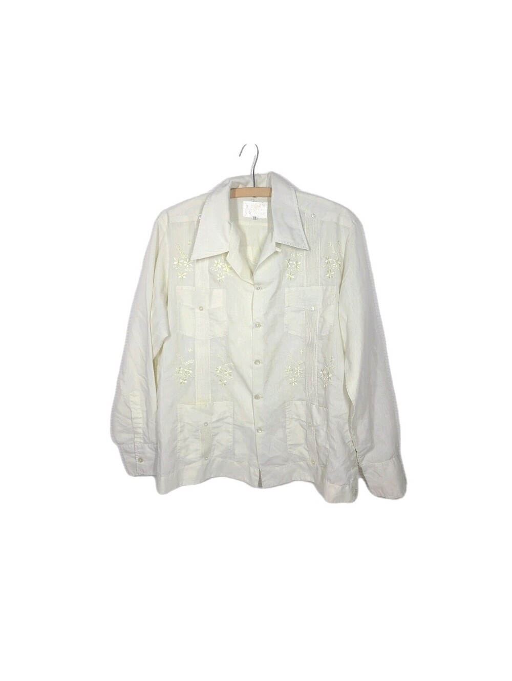 Vtg 60s Mens Shirt L Guyabera Long Sleeve Pin Tucks Flower Embroidery Lt Yellow